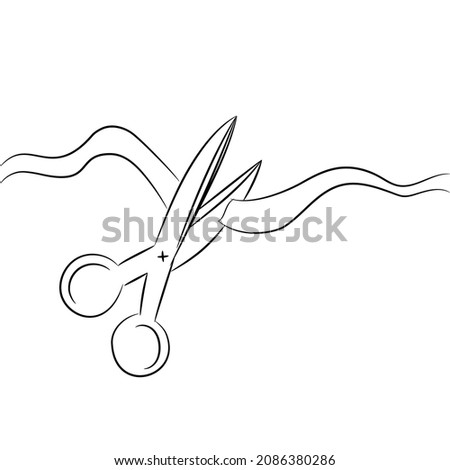 Ribbon cut with scissors, hand drawn  isolated on white background