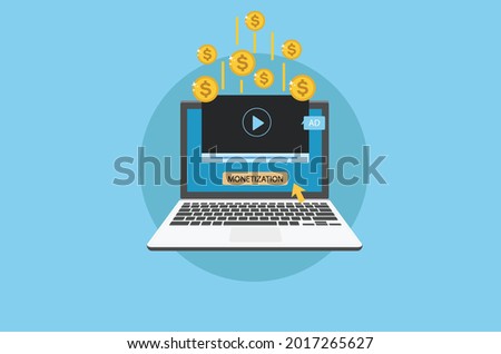 Laptop with video and coins for video monetization feature. Monetization technology