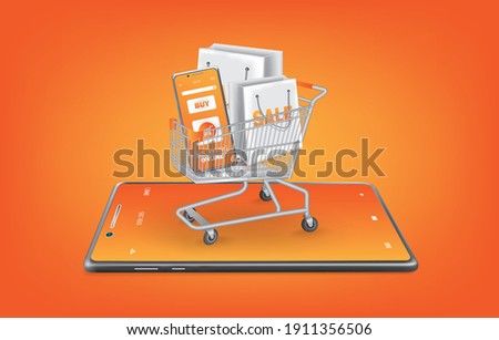 Online shopping template via smartphone application shopping cart full of stuff on smartphone,mobile phone and cart on orange background,vector 3d on orange background for delivery and shopping 