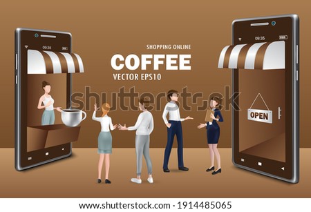 Office workers and young teenagers are standing and chatting while waiting to order food and coffee and smartphone shops are on their left and right,vector 3d for,delivery and online shopping concept