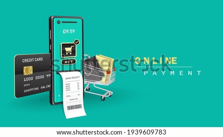 online payment with application smartphone and shopping online with application mobile,and payment receipt paper as visual elements and Insert the atm card and credit card in the card slot,vector 3d
