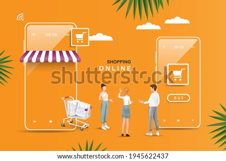 Online shopping with a smartphone shopping application with characters,payment for shopping online summer sale concept,