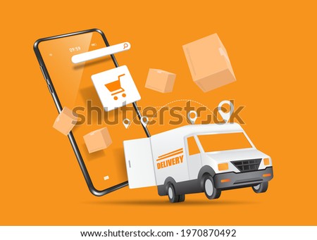 A delivery car and a delivery box fly out of a smartphone with a shopping cart icon on screen for delivery and shopping online concept design,vector 3d isolated,object on orange background