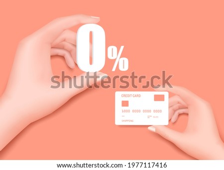 The right hand holds the credit card and the left hand holds the  0% text all object on pastel pink background  for shopping and financial concept, vector 3d isolated, Zero percent fee promotion