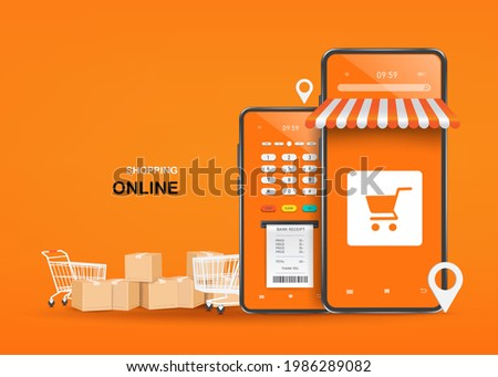 Parcel boxes, shopping carts, and credit card readers are placed next to shops on smartphones and all object on orange background,vector 3d isolated for shopping online and delivery concept design