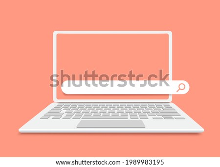 Laptop computer or notebook computer and search bar icon on pastel pink background for advertising design,vector 3d isolated for shopping online concept