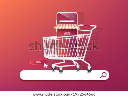 smartphone shop in shopping cart and the shopping cart is on the web searcher tab icon. and there is a buy icon next to it for shopping online concept,vector 3d on purple orange background