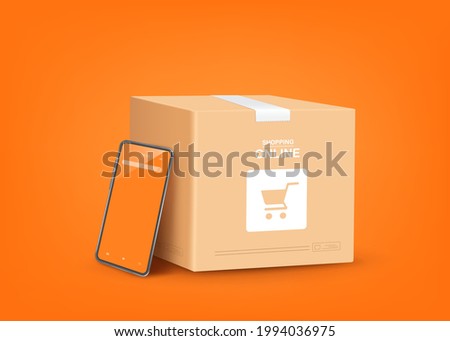 Smartphone leaned against the parcel box with a shopping cart on the box for delivery and shopping online concept design,vector 3d on orange background