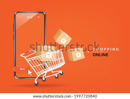 Parcel boxes, shopping carts, and smartphones were floating above the ground and all object on orange background for shopping online concept design,vector 3d for advertising design
