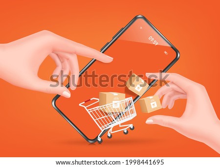 The left hand presses the order, the right hand holds the parcel box. floating from shopping carts and smartphones for online shopping concept,vector 3d on orange background for shopping on app