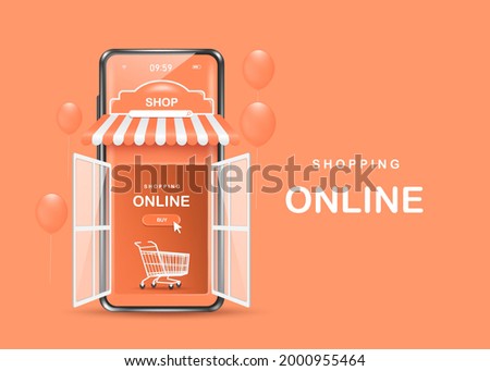 The door to the smartphone shop was opened, and a shopping cart was placed inside for shopping online concept design,vector 3d isolated on pastel background for advertising design