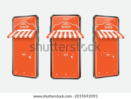 orange smartphone store or smartphone shop template for online shopping ads with front and side views placed on white background,vector 3d isolated advertising design