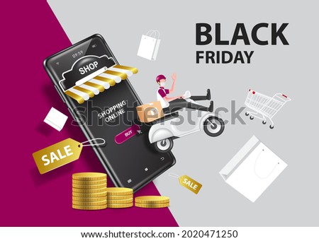 delivery man riding a motorcycle or scooter, a smartphone, a shopping cart,shopping bags and sale tag float in mid-air,and gold coins are placed in front for shopping online concept,vector 3d 