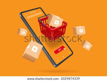 Red shopping baskets and parcel box with cart image on box float in the air above a smartphone for online shopping concept design,vector 3d isolated on orange background Foto d'archivio © 