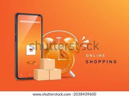 The parcel box is placed in front of the smartphone with the Buy icon. And beside it, there's an alarm clock alerting you about flash sales promotion,vector 3d for online shopping concept design