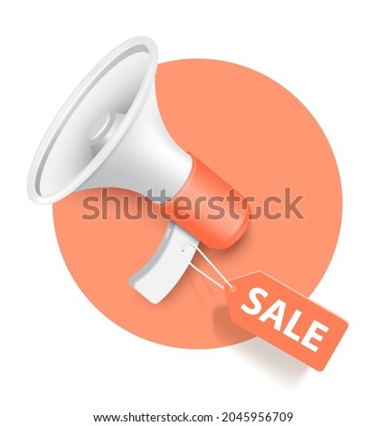 A megaphone with a sale sign hanging and all object over a pastel orange circle for promotion sale design,vector 3d isolated on white bacground for advertising design