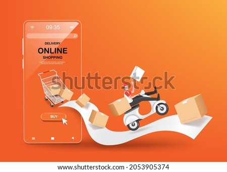 delivery man drives a scooter out of a cart in front of the smartphone and the receipt paper and parcel box flowed out and in his hand was a shopping bag for delivery and online shopping concept