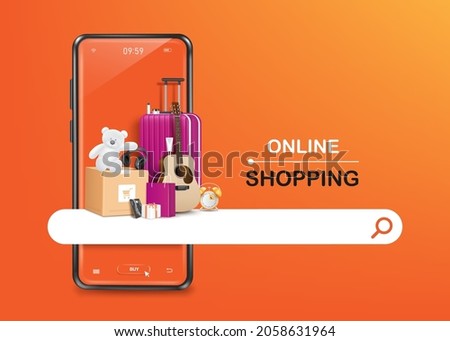 Parcel boxes and supplies are placed on the search tab and there is a smartphone behind it for online shopping concept design,vector 3d on orange background