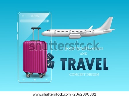 pink suitcase and passport placed in front clear glass smartphone and in the back there is a plane on the plane flying in the air for online air ticket booking advertising media and travel concept