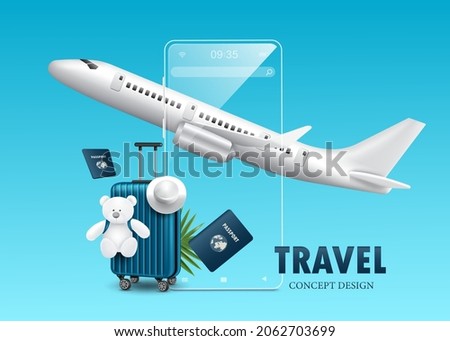 Teddy bear and hat hanging on luggage and have a passport and the plane floats in mid-air and on the back there is a clear glass smartphone placed for travel book tickets online concept,vector 3d