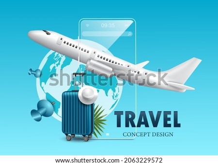 The white cap on the suitcase and the back is a clear glass smartphone and planes are flying in midair and positioning pins are attached to various places in the world for travel concept,vector 3d 