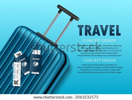 Passports, and sample plane tickets placed on a shiny blue suitcase for travel concept design,vector 3d on blue background for travel advertising design,luggage and passport on blue background