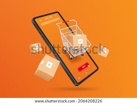 Shopping cart and parcel box with cart image on box float in the air above a smartphone for online shopping concept design,vector 3d on orange background for advertising,template online shopping