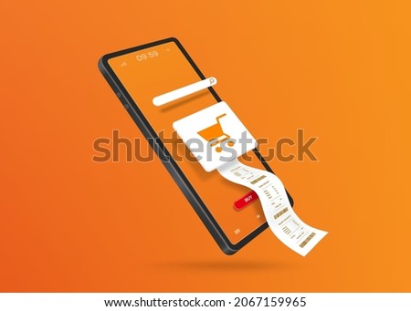 The receipt paper flows from the shopping cart icon after placing an order and floats on the smartphone screen for online shopping concept design,vector 3d on orange background for advertising