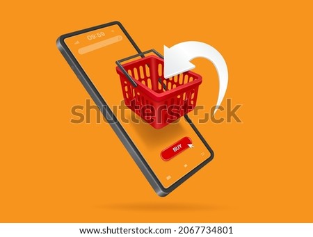  The white arrow points down to the red shopping cart. to indicate that a product has been added to the shopping cart for online shopping. and all floating on the smartphone screen,vector 3d isolated