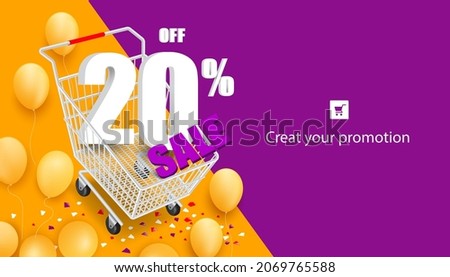 20% off and sale text on shopping cart and all objects on orange and purple background and there are yellow balloons all around for advertising promotion sale concept design,vector 3d 