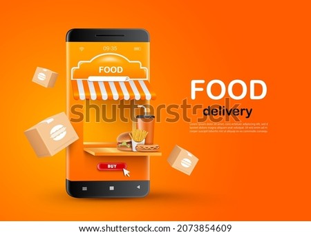 Fast food dishes are placed in front of the smartphone shop. And there are food boxes floating around for food delivery and online shopping concept design,vector3d on oragne background for advertising