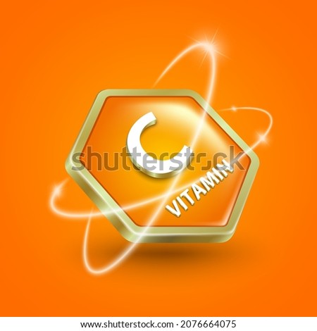 vitamin c hexagon logo label with light revolving around for designing food advertisements for nutritional purposes ,vector 3d on orange background  for health food supplements advertising design