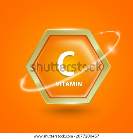 vitamin c hexagon logo label with light revolving around for designing food advertisements for nutritional purposes,vector 3d on orange background Foto d'archivio © 
