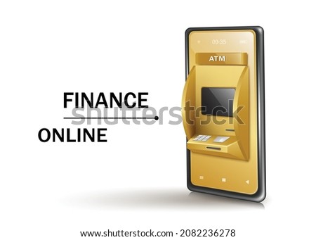 Gold ATM machine on smartphone isolated on white background for shopping and online financial concept design,vector 3d for finance advertising design