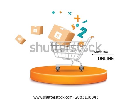 Number of orders and parcel boxes floating in the shopping cart and all on the orange circle pedestal for delivery and online shopping concept,vector 3d isolated on white background for advertising