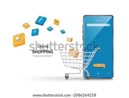 Boxes and parcels float in to a shopping cart placed in front of a blue smartphone. with a cursor icon pointing to the buy icon,vector 3d isolated on white background for advertising design
