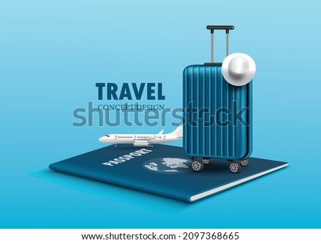 luggage and planes placed on the passport for making advertising media about tourism and all object on blue background,vector 3d virtual for travel and transport concept design ストックフォト © 