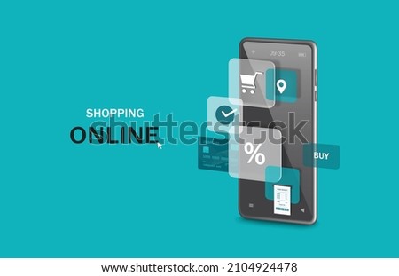 Receipt flows from the smartphone screen. and on the front there are icons such as cart icon, pin, order confirmation and next to it has a credit card inserted,vector 3d for online shopping concept