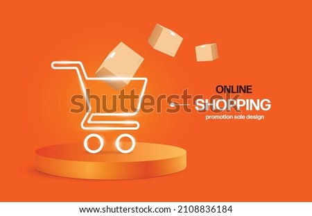 A parcel box floats onto a glowing white shopping cart. and all placed on a round podium and all object on orange background,vector 3d for advertising promotion online shopping sale