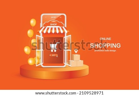 Smartphone shop had the door open and inside there was a shopping cart icon and beside it were balloons and parcel boxes. All were placed on a round podium,vector3d for delivery and online shopping