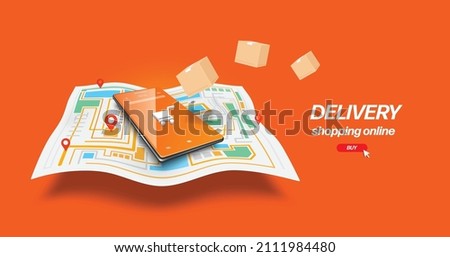 Smartphone with a cart icon on the screen placed on a GPS map and pin to the location of the delivery and there was a parcel box floating in mid-air,vector 3d on orange background for online shopping