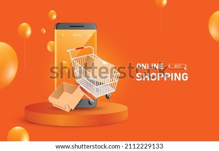 The parcel box in the shopping cart floats on the smartphone screen and the box is empty next to it and all are placed on a round podium and balloons floating around area,vector 3d for online shopping