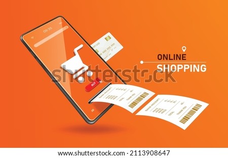 Lot of the receipt paper flowed from slot on the smartphone screen and there's shopping cart icon on the smartphone screen and next to it there's credit card inserted,vector 3d for online shopping