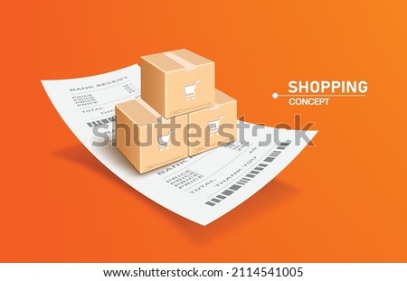 Parcel box with shopping cart icon on box placed on receipt paper and all object on orange background,vector 3d for delivery and online shopping advertising conceptdesign