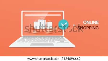 White shopping bag sits on a round podium and it's all on computer laptop screen with an order confirmation icon popping up on the edge of the screen,vector 3d on orange background for online shopping