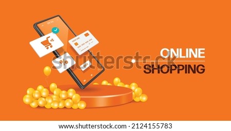 Shopping cart,%, and credit card icons float on smartphone screen and all floated above round podium with yellow balloons surrounding it,vector 3d on orange background for online shopping concept
