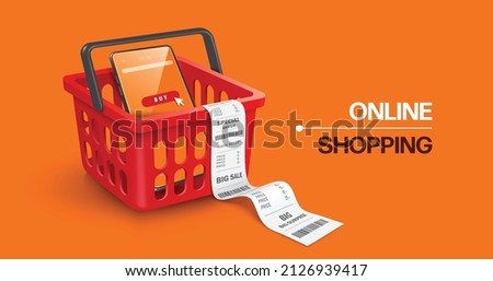 Smartphone with purchase icon on screen Place in red shopping cart with unfolded receipt paper and draped over edge of shopping cart for online shopping concept,vector 3d isolated on orange backgroud