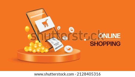 Shopping cart icon on smartphone screen and receipt paper flows from smartphone screen and all object are on the round podium,vector 3d isolated for delivery and online shopping