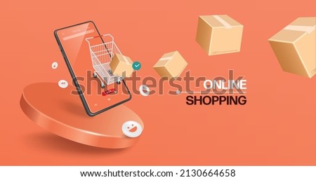 Parcel box floated from the shopping cart in front of the smartphone and all floating on a round podium for delivery and online shopping concept design,vector 3d isolated on pastel orange backgroud
