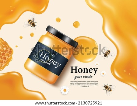 Honey jar was placed on the ground with honey dripping around it and put the honeycomb on the left side and there are bees flying around the area,vector 3d for food and drink advertising design